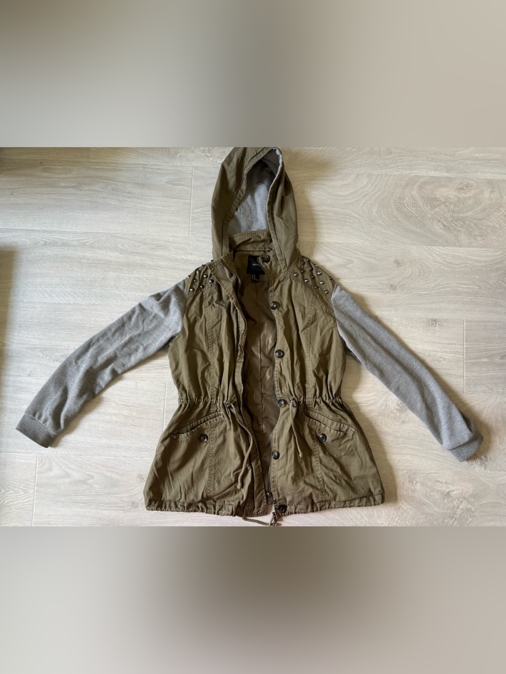 Forever 21 Olive Hooded Anorak with Gray Knit Sleeves